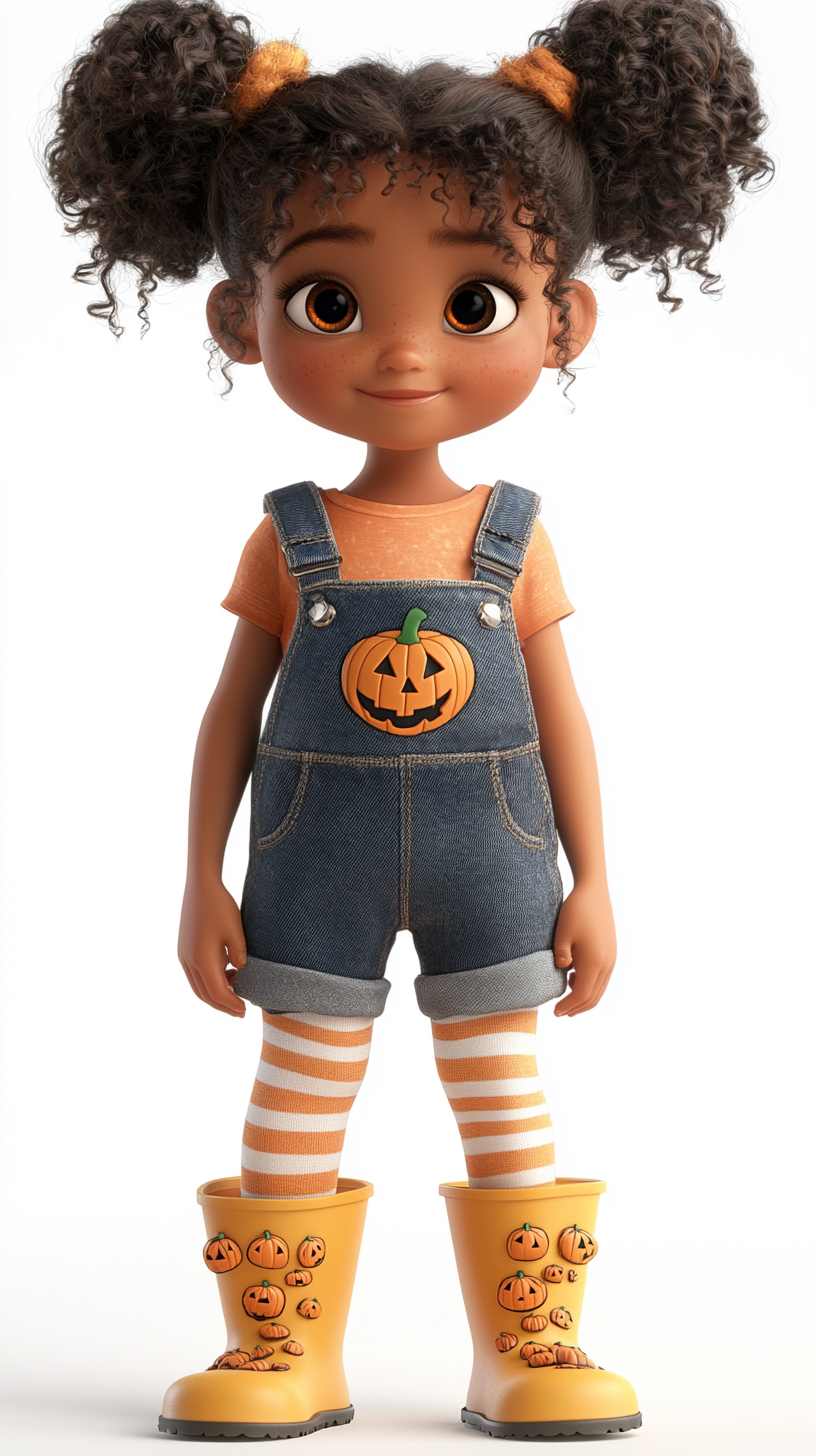 Cuite lite brown skin girl in pumpkin patch outfit.