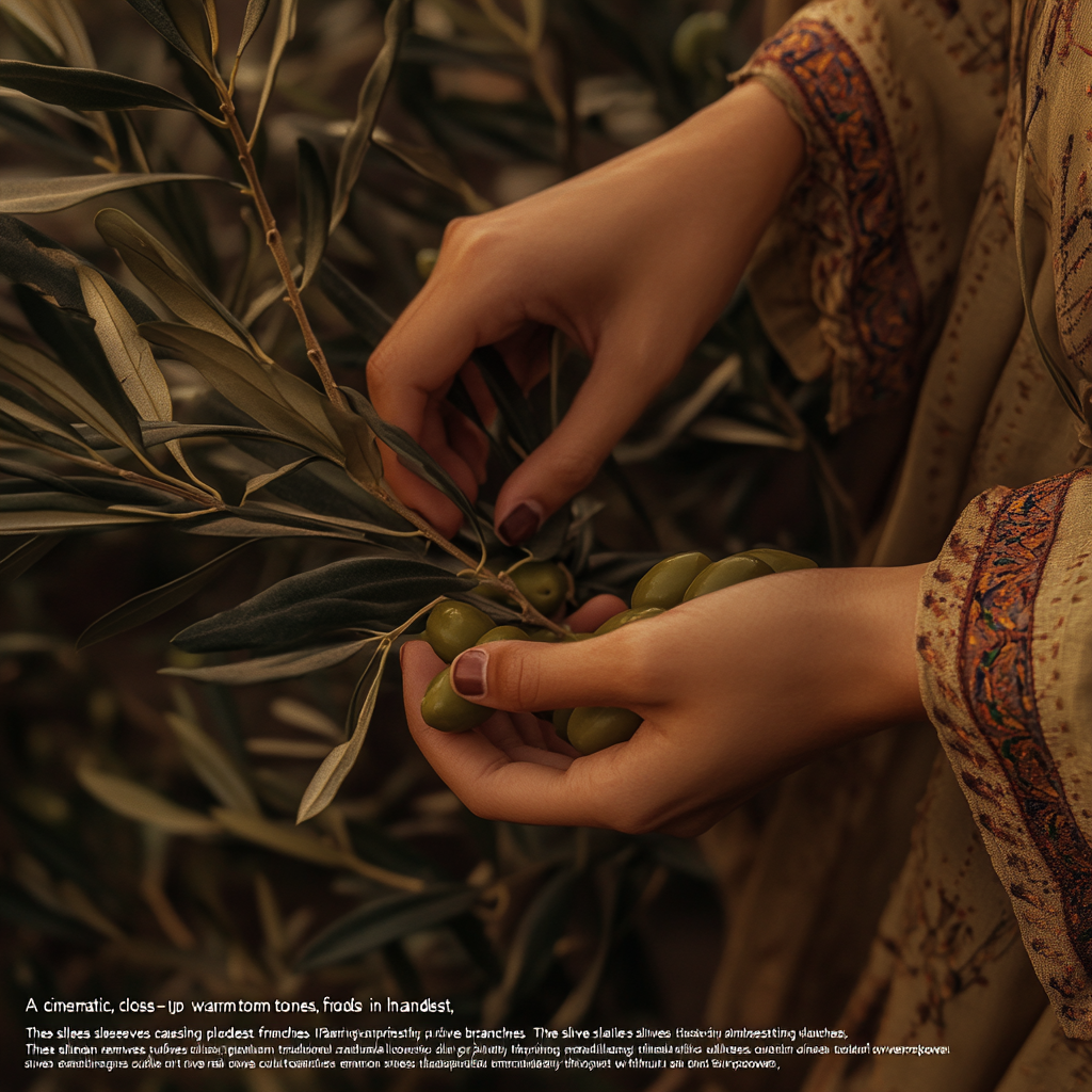 Cultural hands harvest green olives with embroidery detail