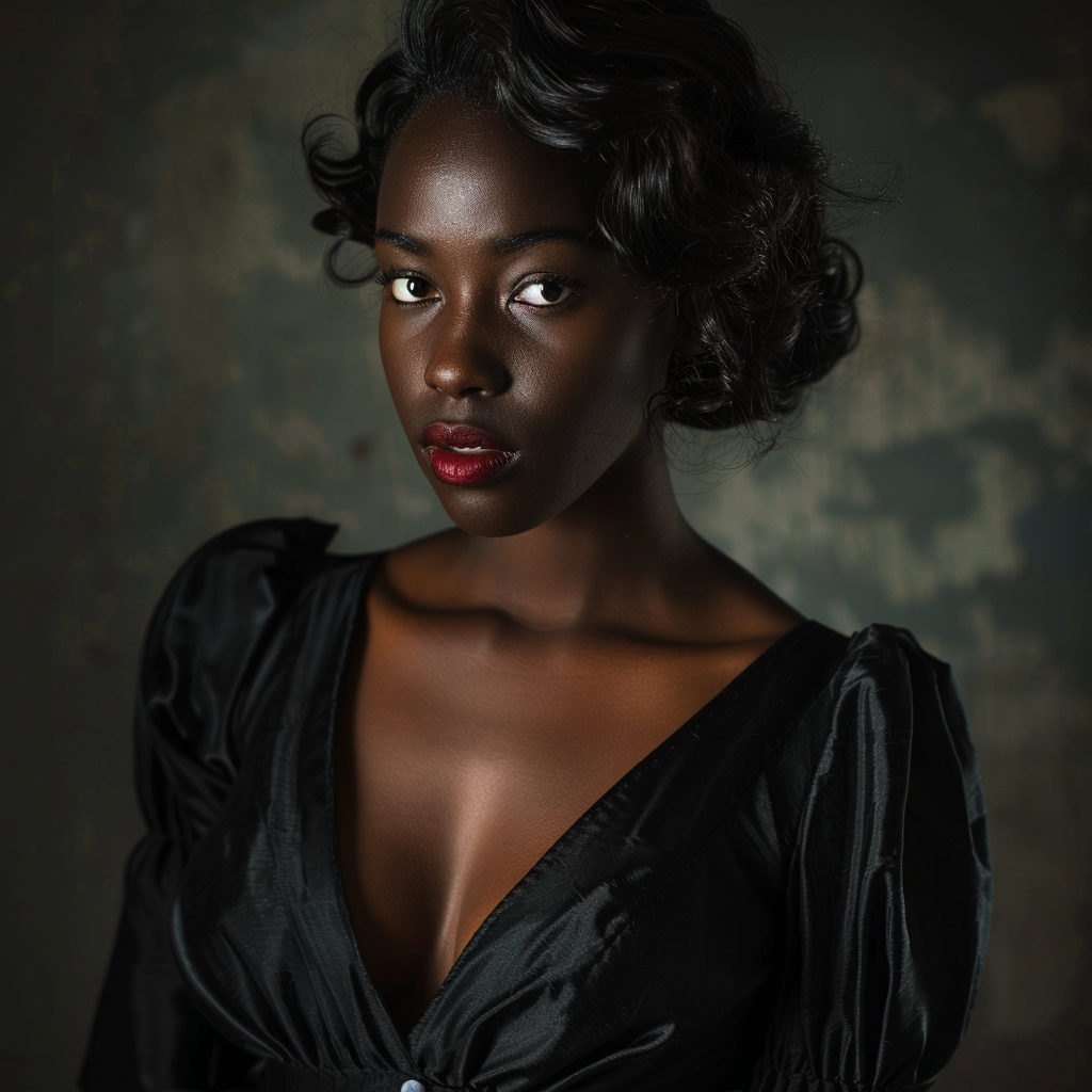 Curious African woman in black 1940s dress.