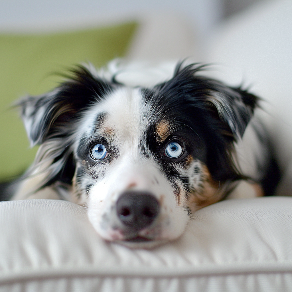 Curious Australian Shepherd dog on white sofa with green pillow.