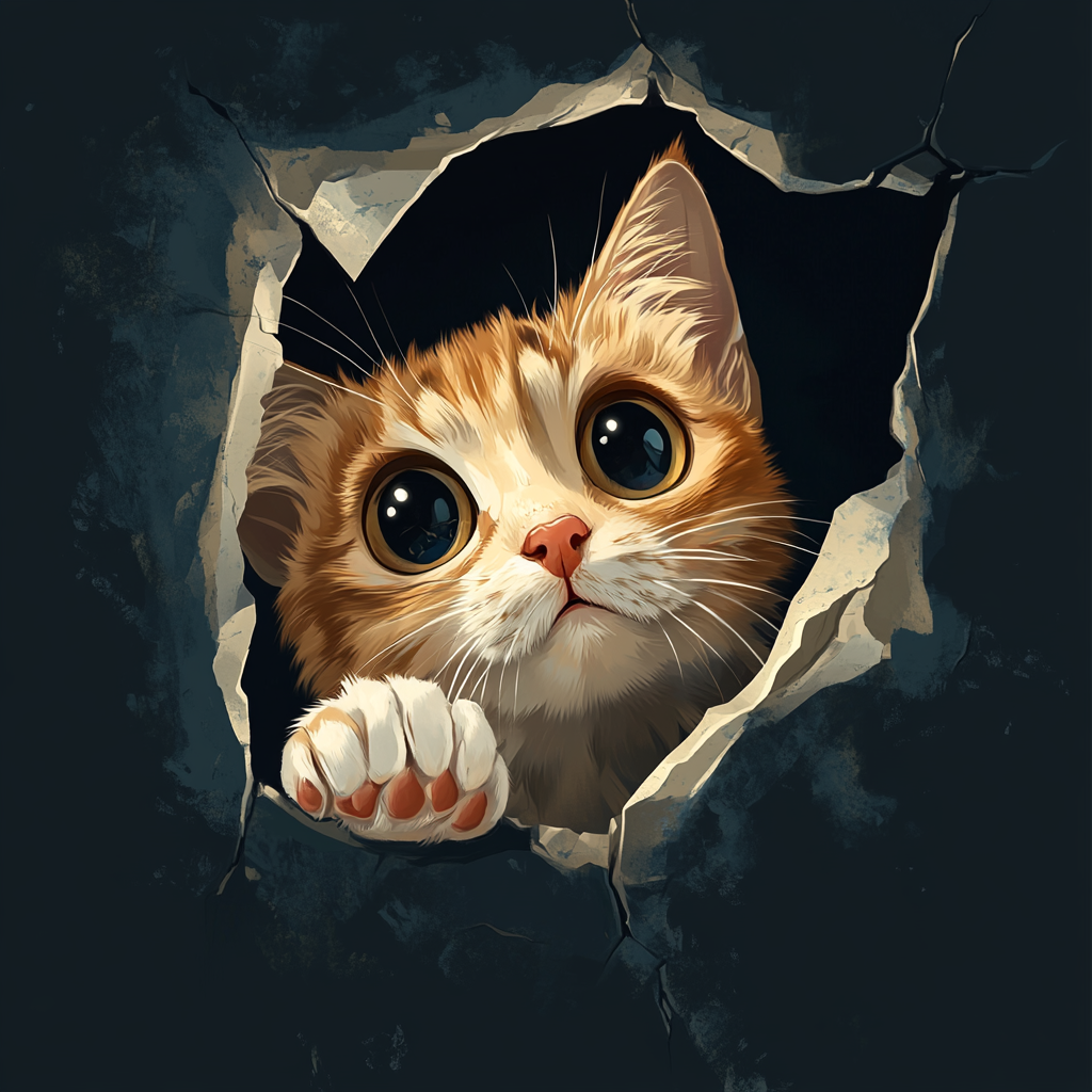 Curious cat peeks through torn hole, playful expression