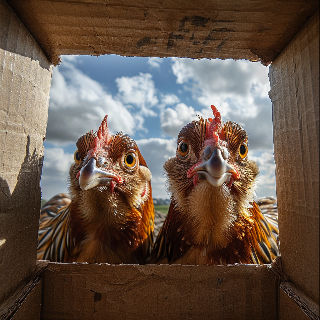 Curious chickens peek into box with viewer inside