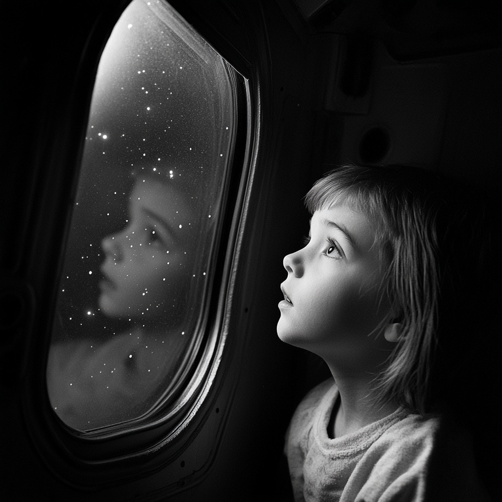 Curious children gaze at stars through spaceship window.