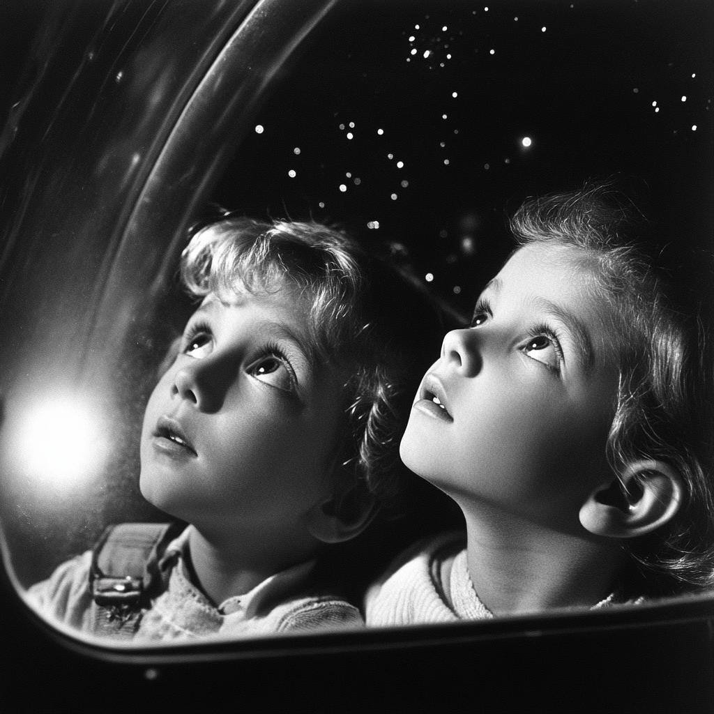 Curious children peer through window of spaceship.