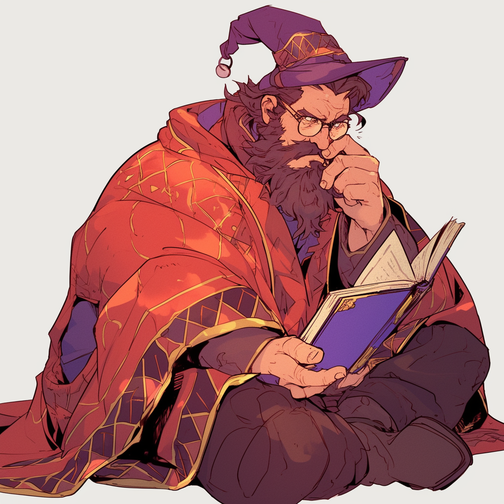 Curious dwarf wizard in colorful robes reads book