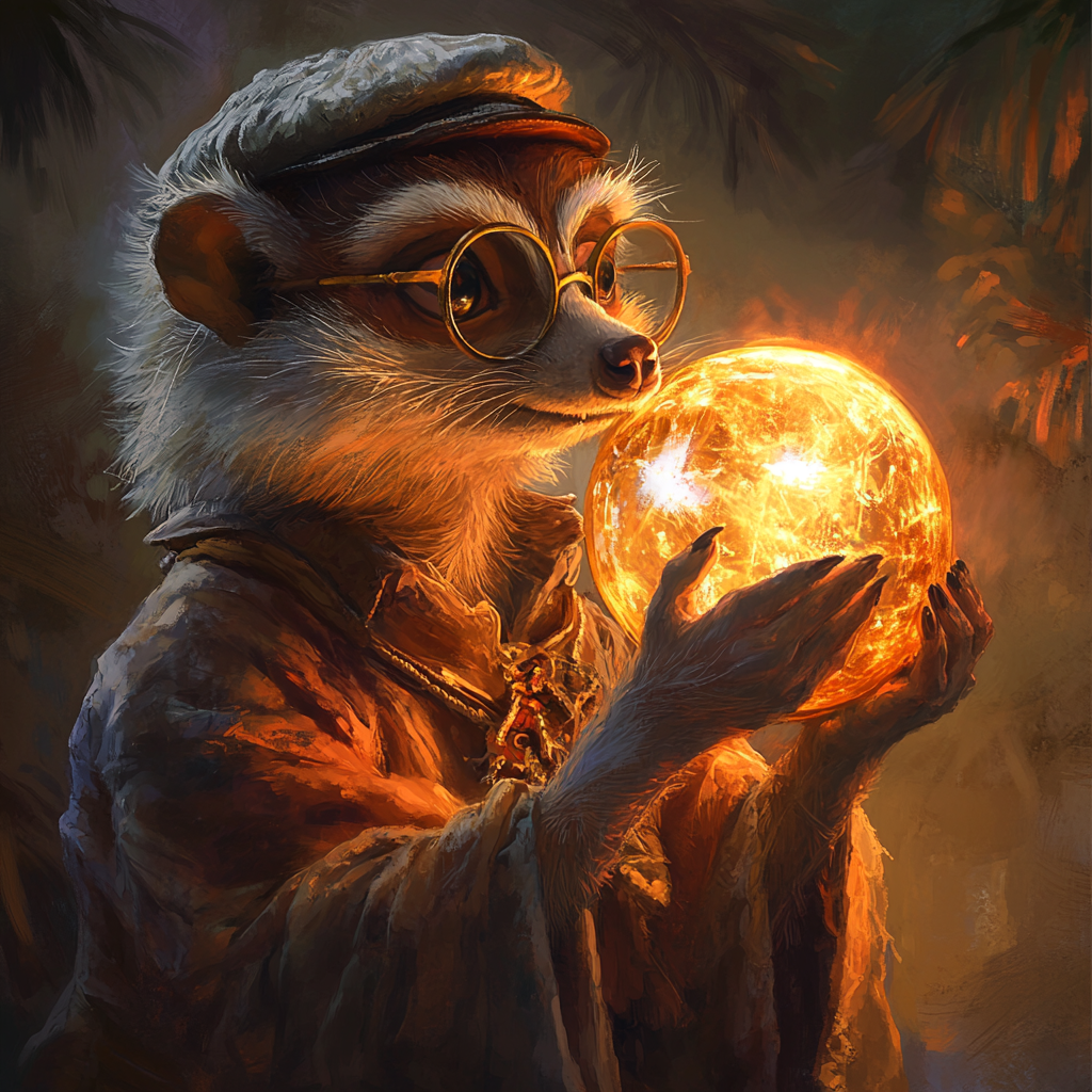 Curious meerkat with glasses holds magical orb