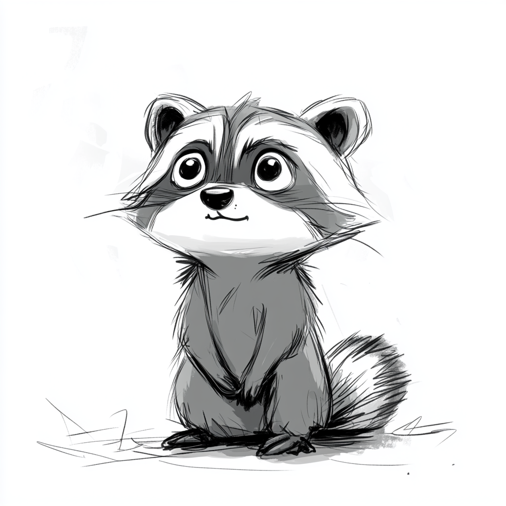 Curious raccoon in playful pose, hand-drawn style