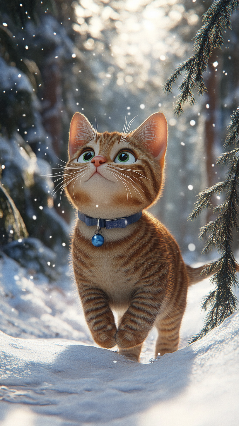 Curious tabby cat explores snowy forest adventure.