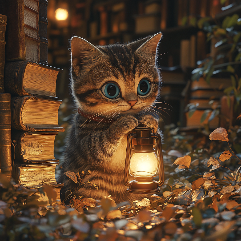 Curious tabby cat exploring ancient library at night