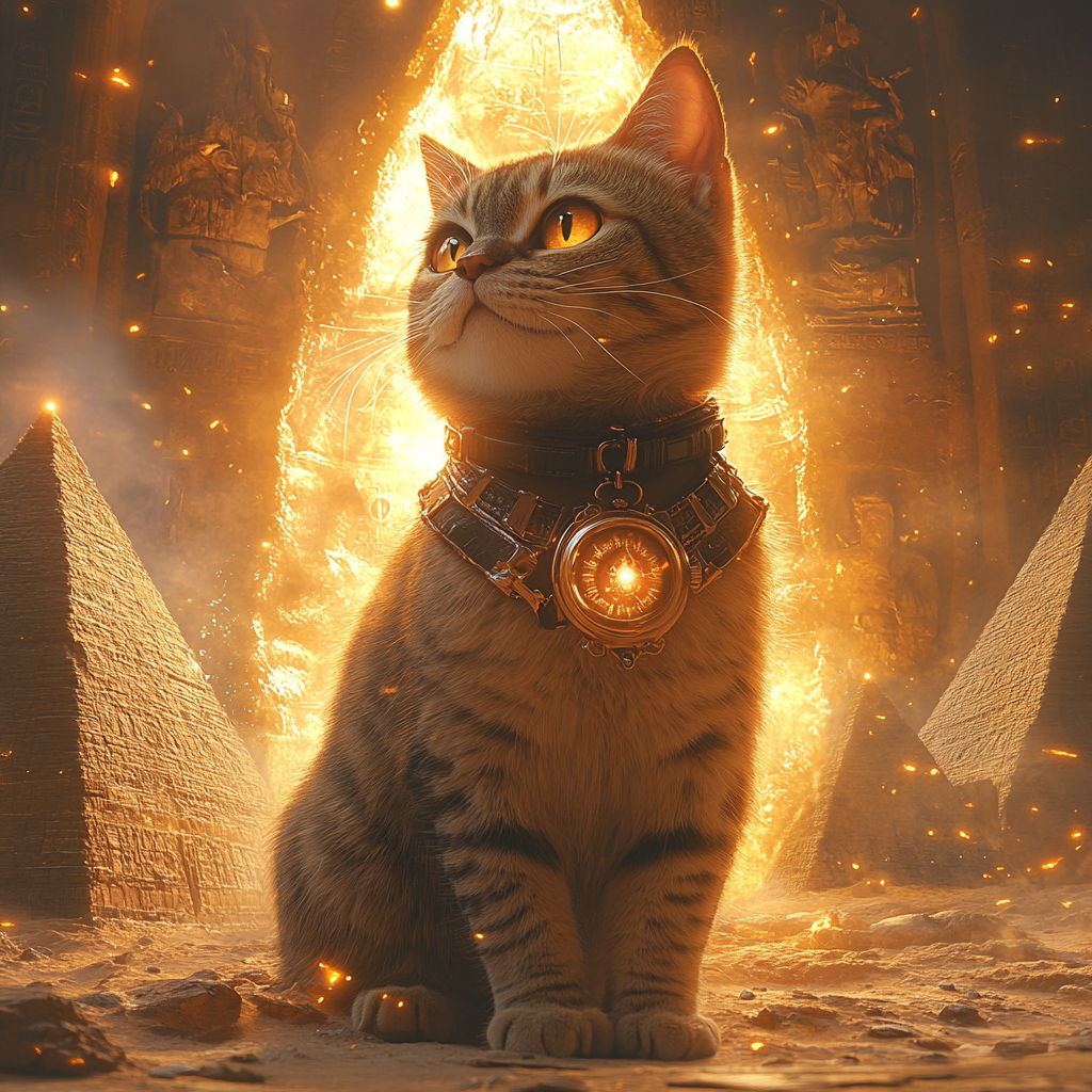 Curious tabby cat steps through glowing portal to ancient Egypt