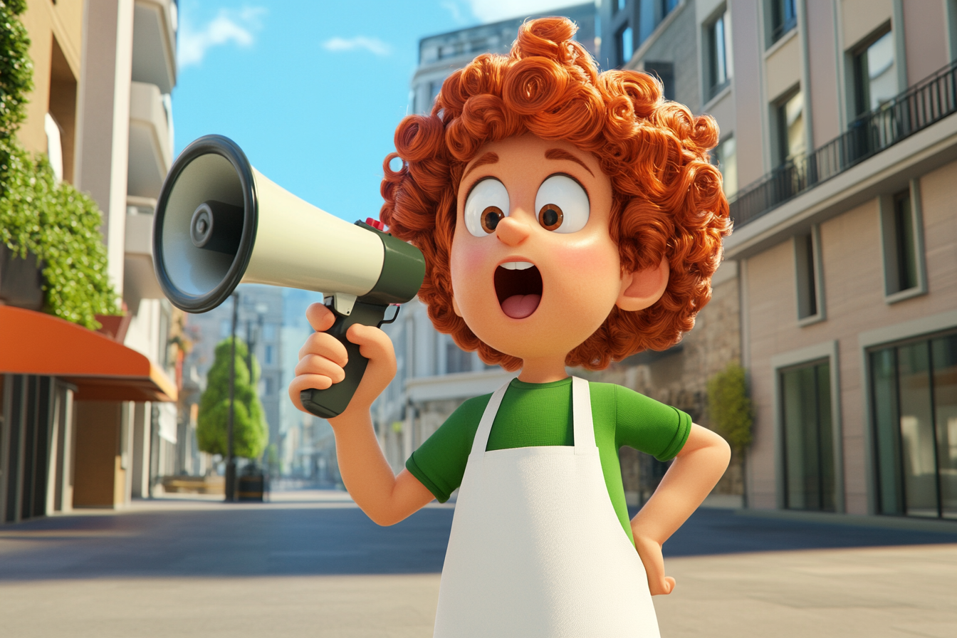 Curly Haired Cartoon Chef Calls Customers with Megaphone