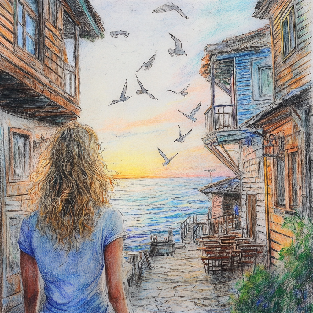 Curly blonde woman strolling in fishing village at sunset.