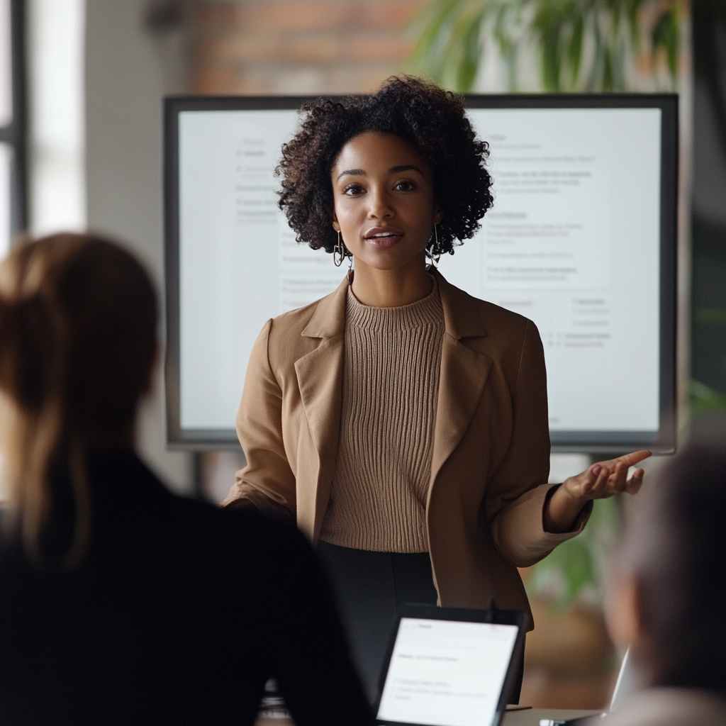 Curly-haired woman presenting to diverse colleagues on sales platform