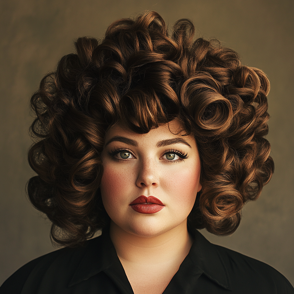 Curly-haired woman with cat-eye glasses fixes her hair.