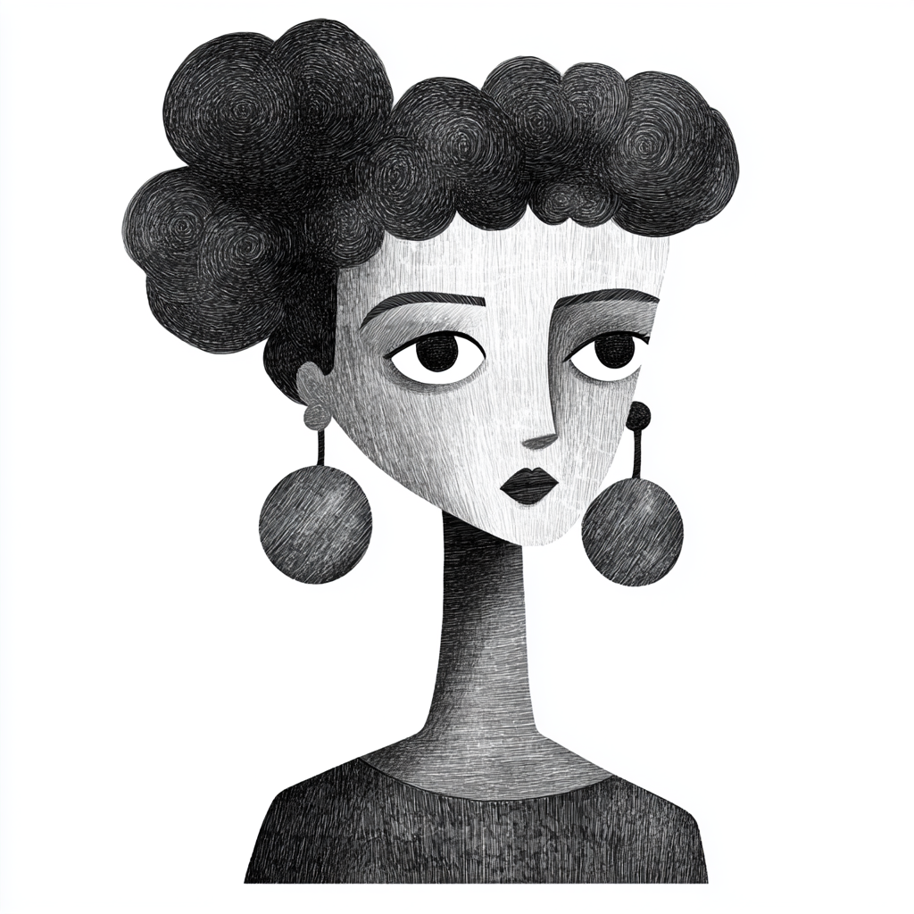 Curly-haired woman with large earrings in simple design