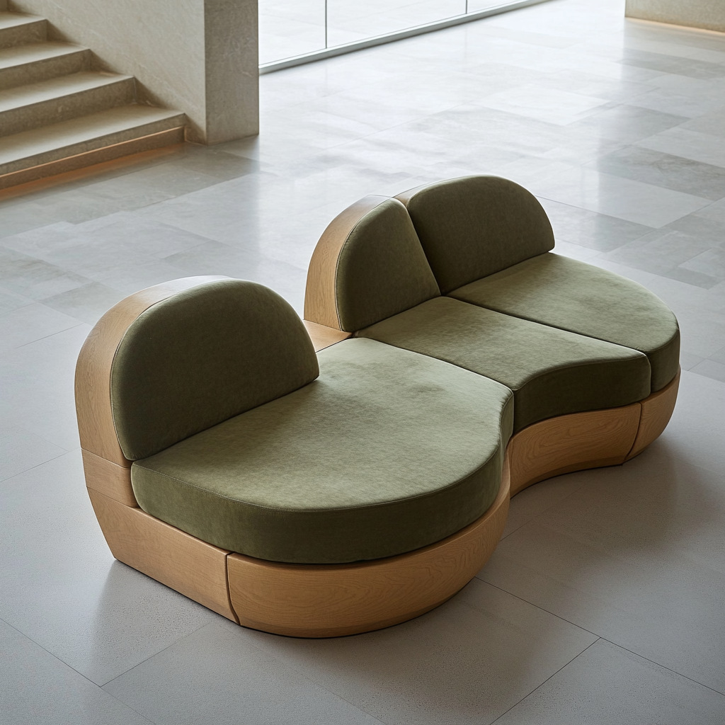 Curved olive green sofa in minimalist office space.