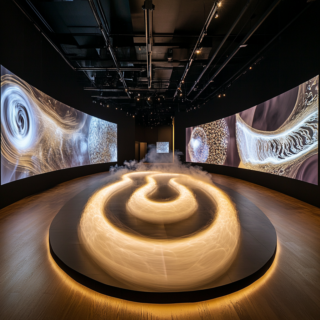 Curved tunnel with video walls, smoke rings, patterns.