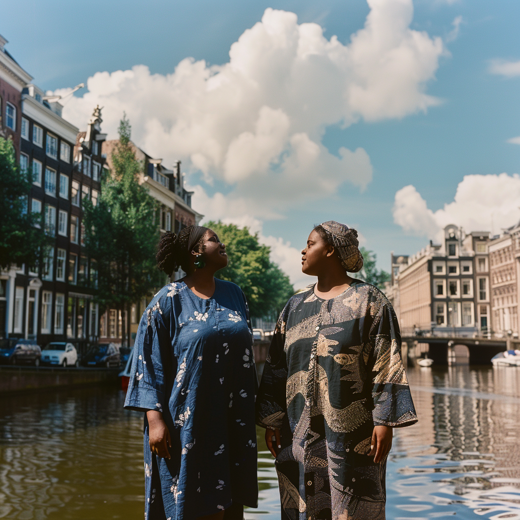 Curvy women in stylish kaftans, shot in Amsterdam.