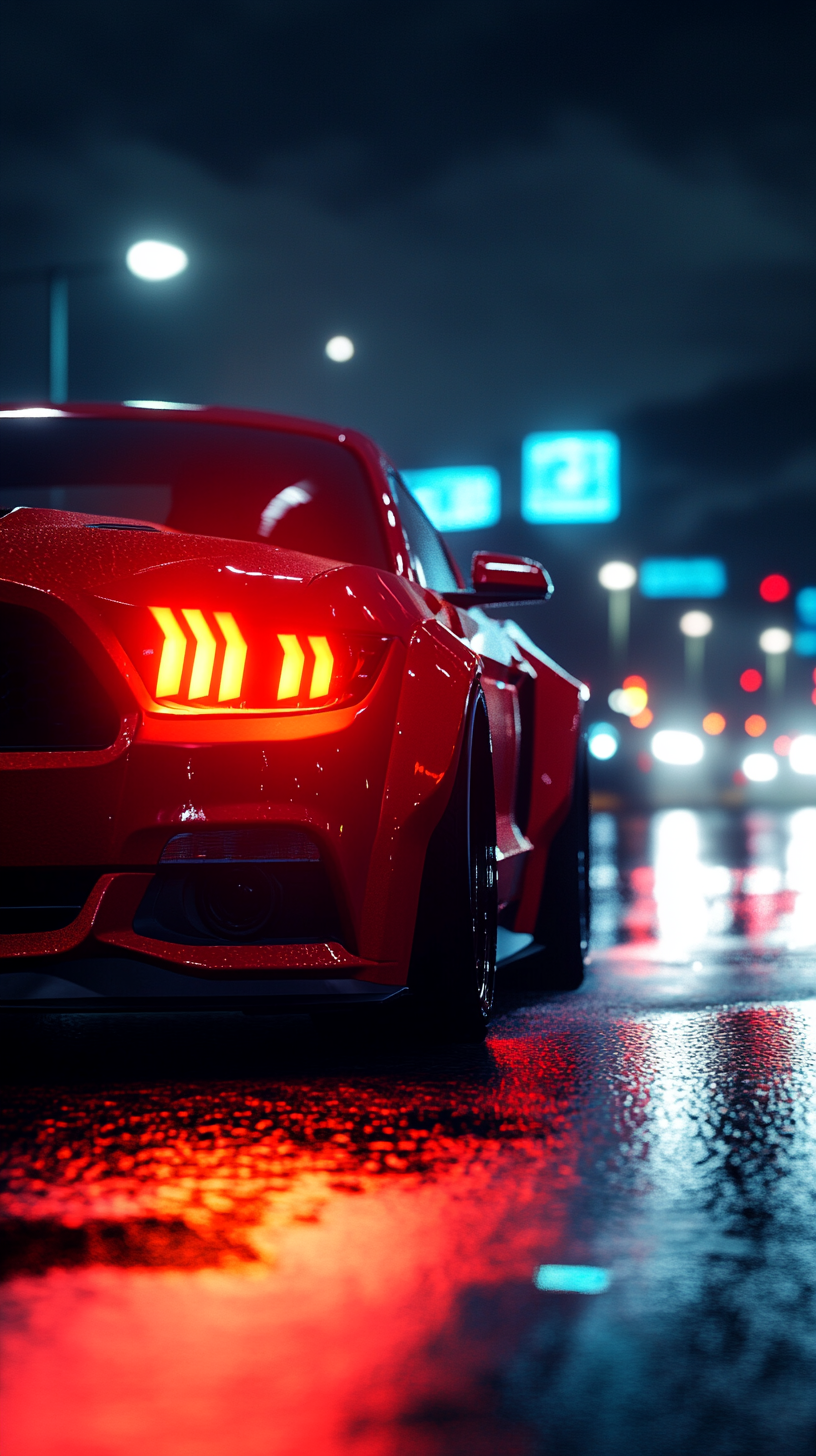 Custom Ford Mustang bodykit at night, ultra-realistic portrait photography.