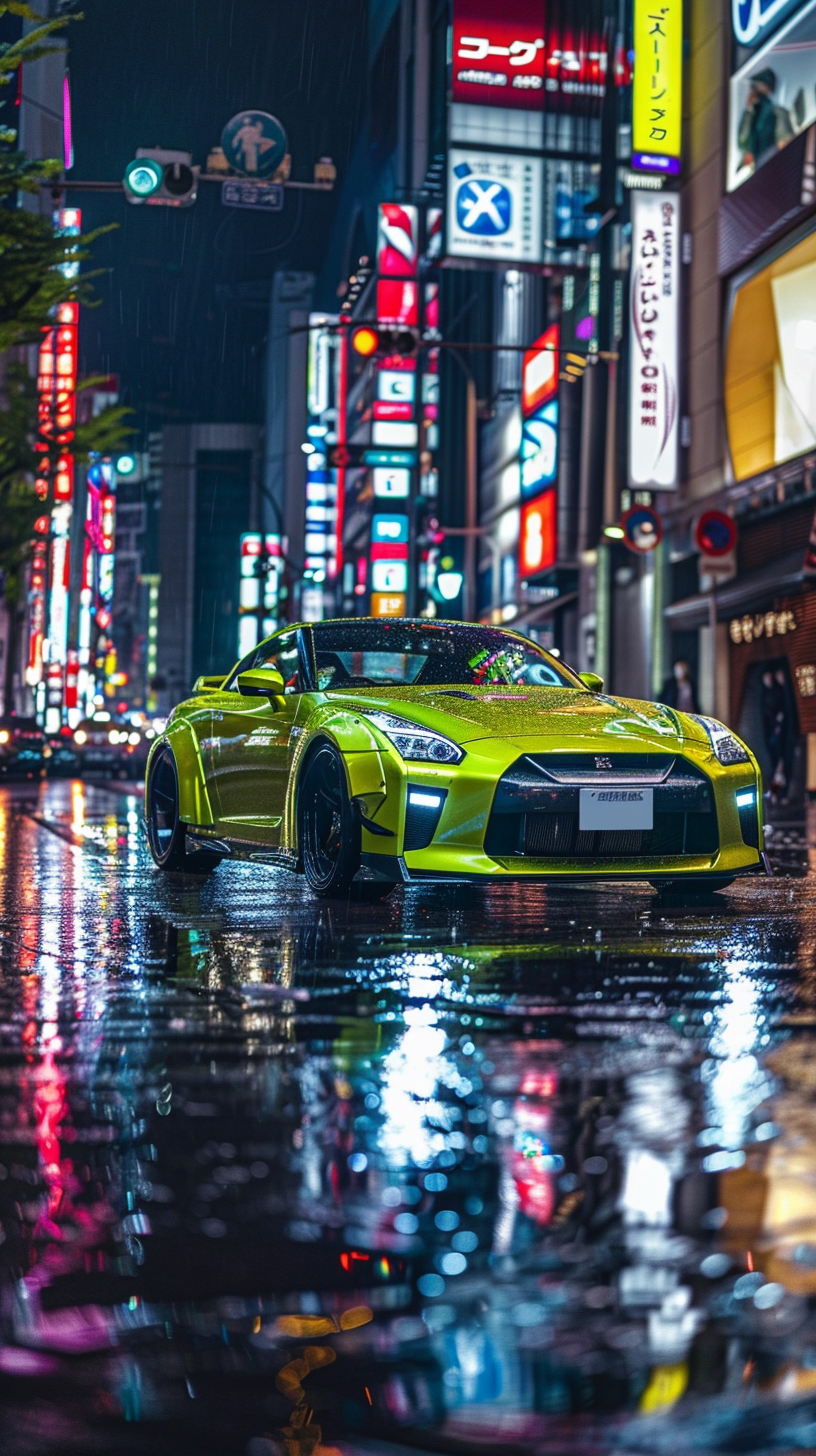 Custom Lime Green Nissan GTR R35 in Tokyo Night