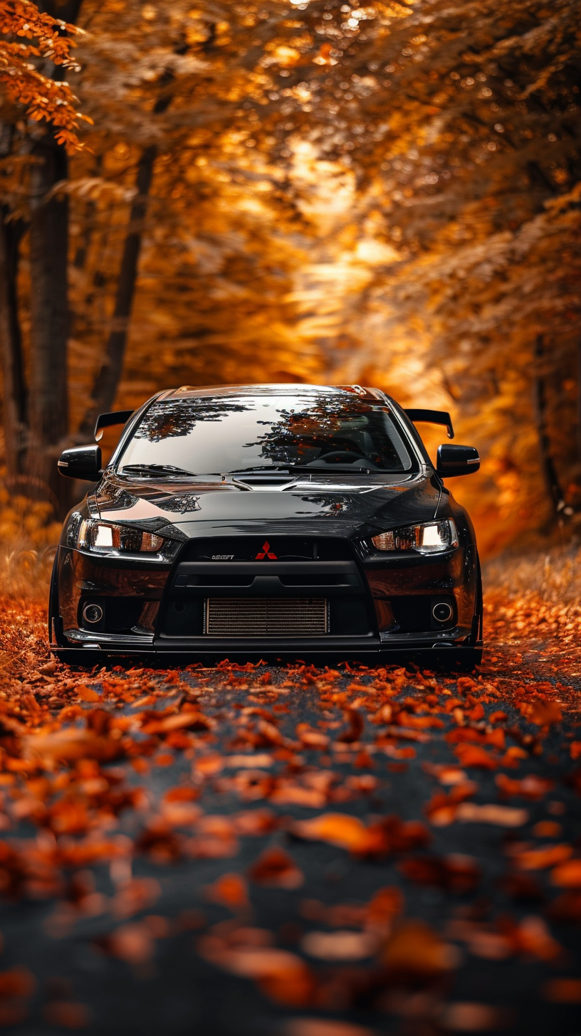 Custom Widebody Lancer Evolution X on Autumn Jungle Road