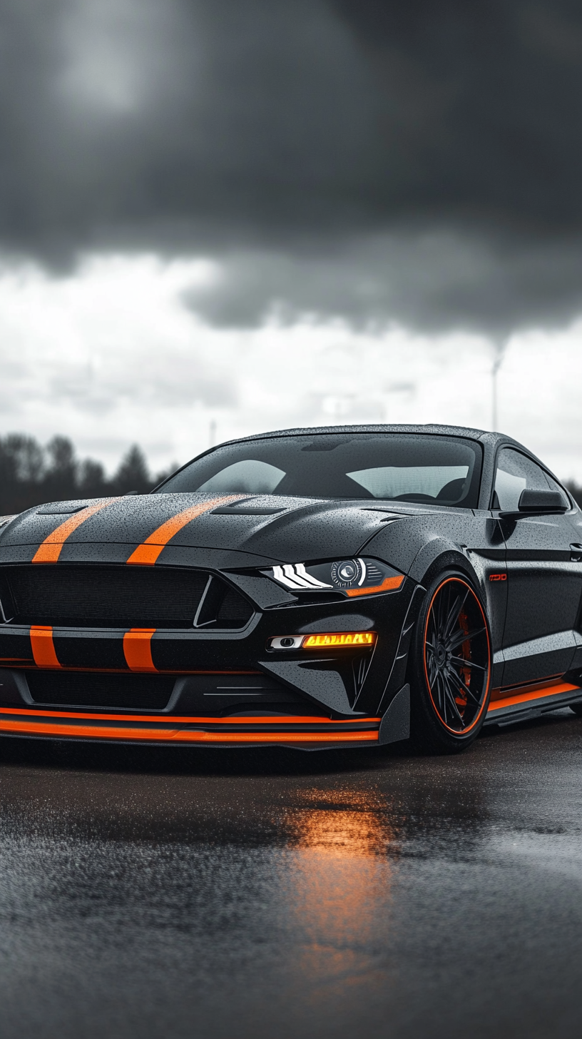 Custom bodykit Ford Mustang car in black and orange