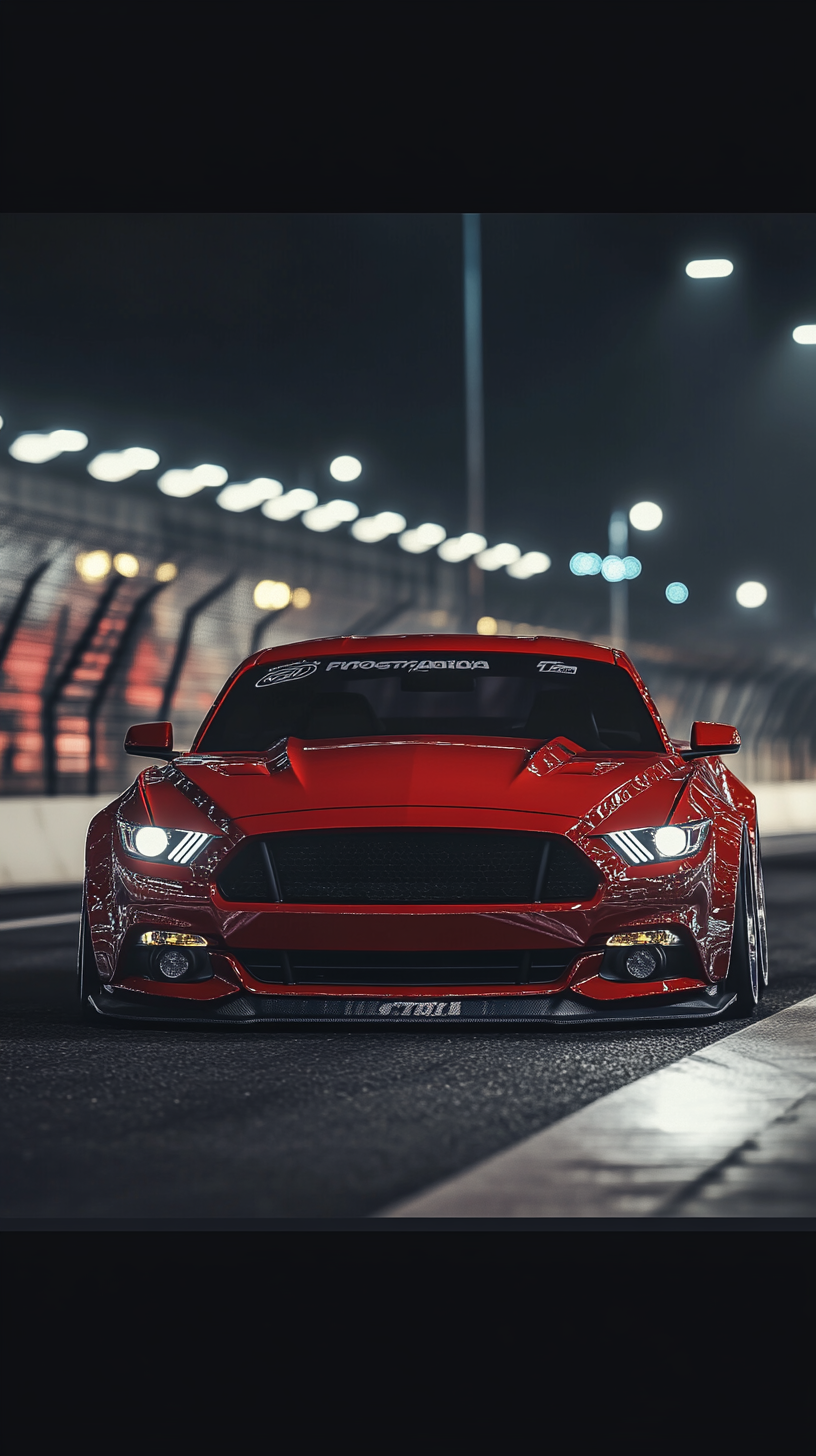 Custom red Ford Mustang front view on racing track.