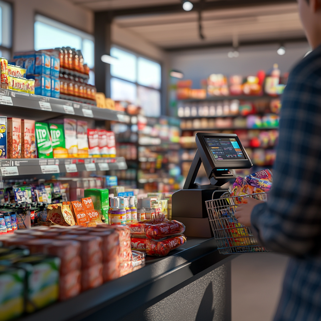 Customer's view at store checkout with warm cashier