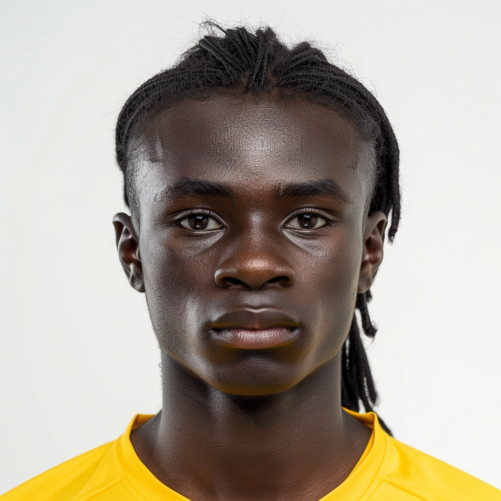 Cut out faces, professional picture, facing camera, eighteen-year-old English Nigerian football player.