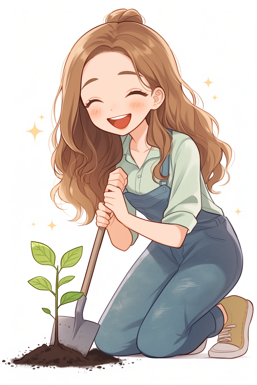 Cute, Smiling Girl in Kawaii Style, Planting Seeds