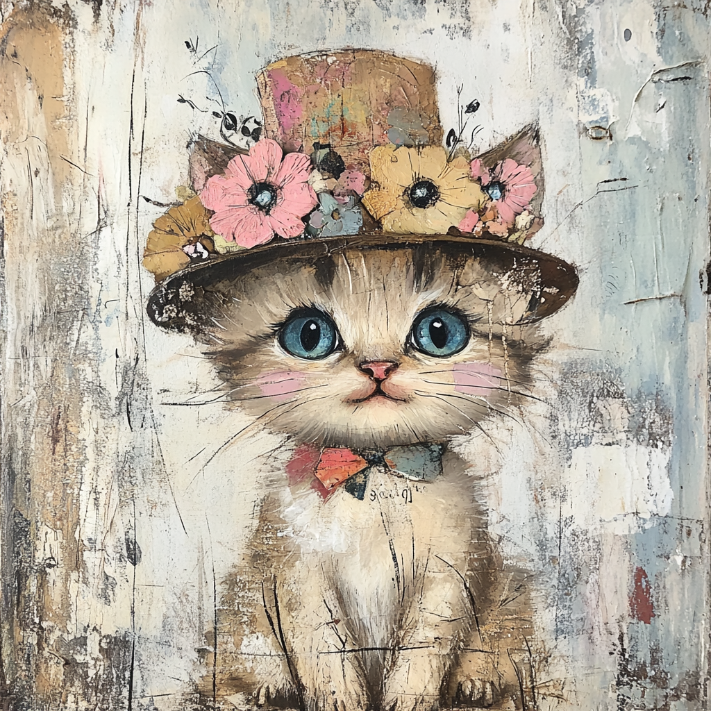 Cute, whimsical kitten with blue eyes and hat.