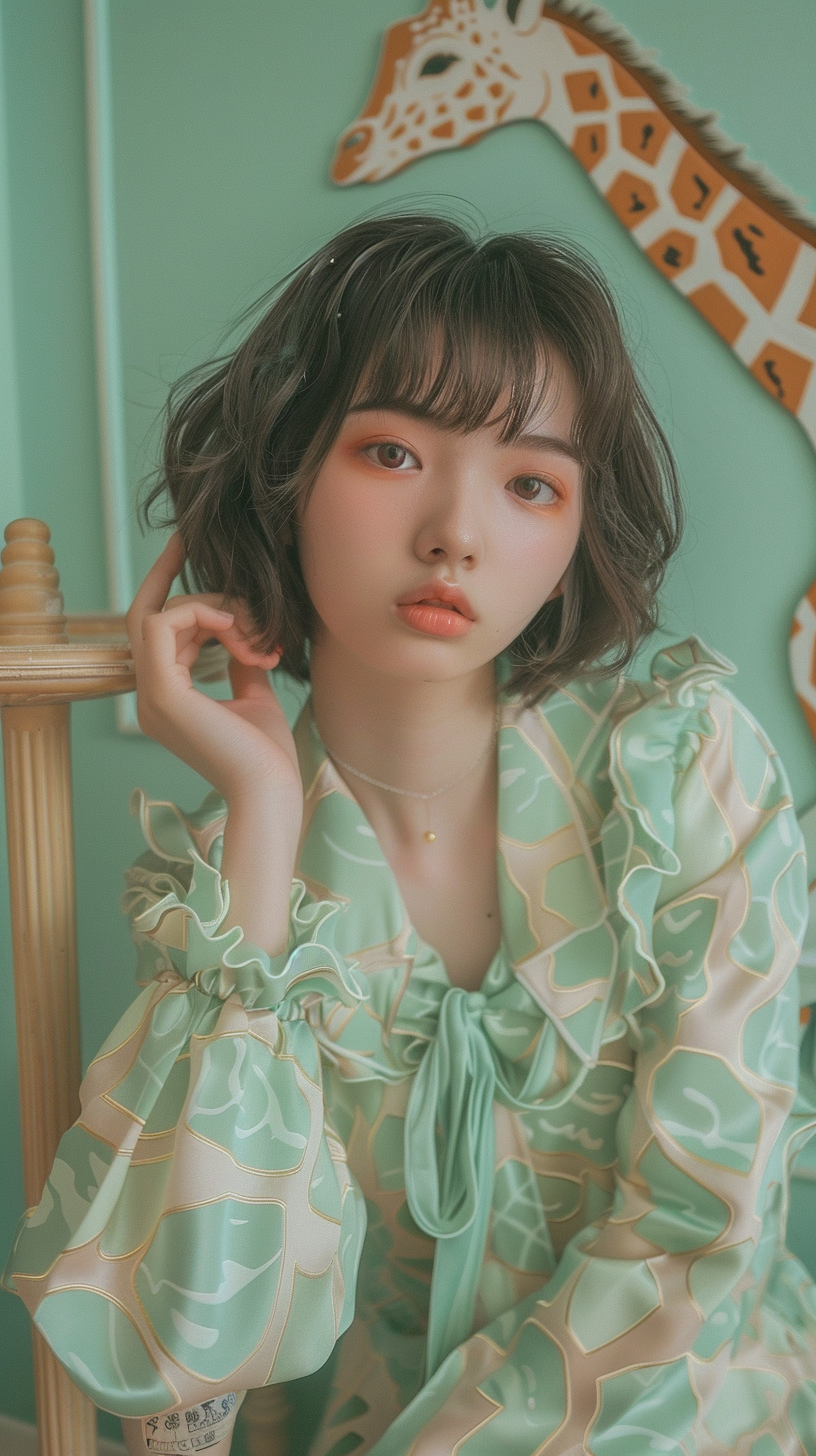 Cute 18-year-old Japanese model in mint green outfit