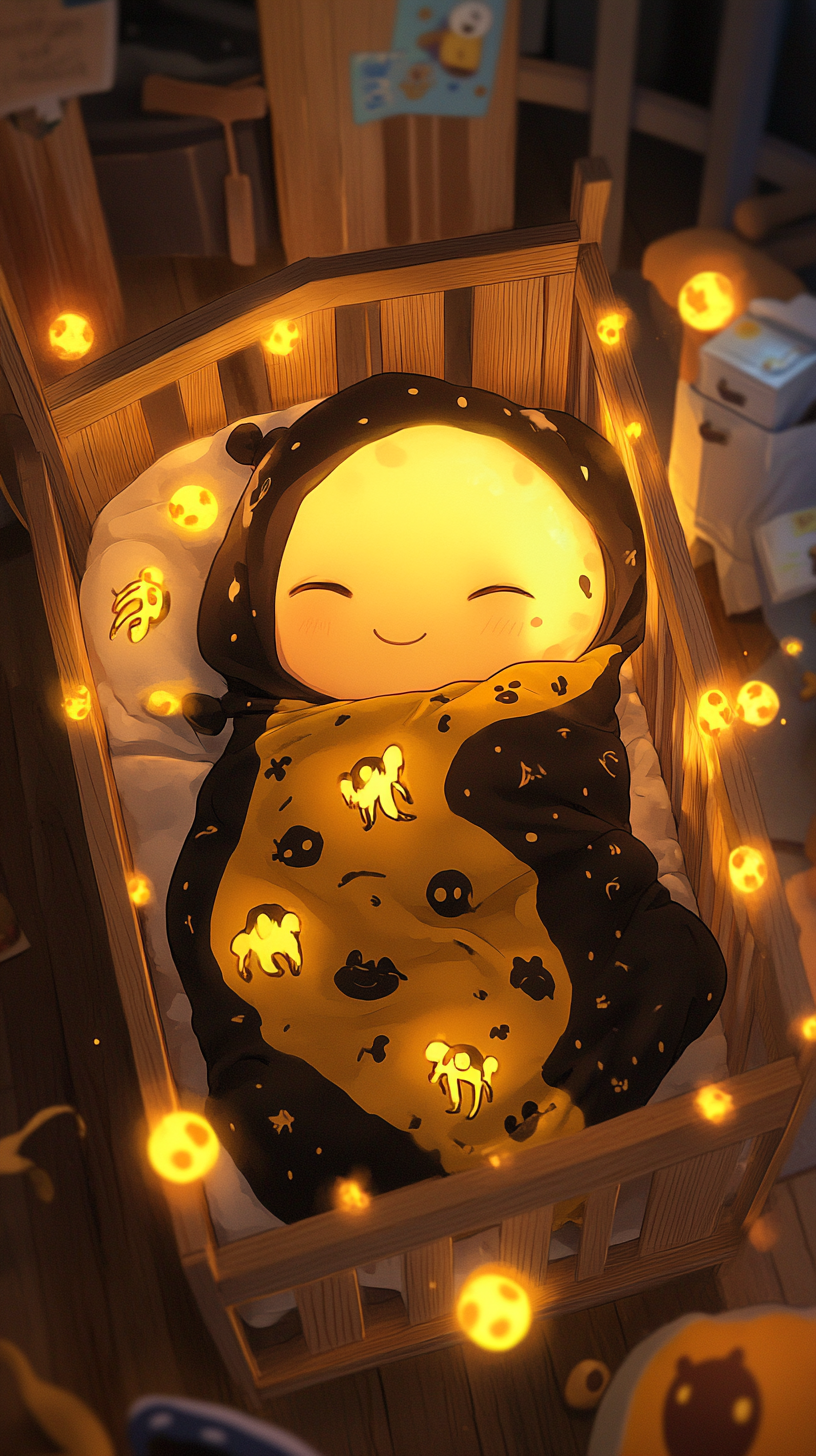 Cute Baby Koro-sensei peacefully sleeping in crib.