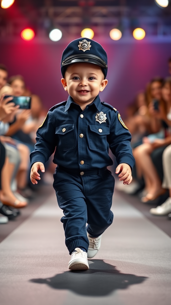 Cute Baby Police Officer Walking Runway Show