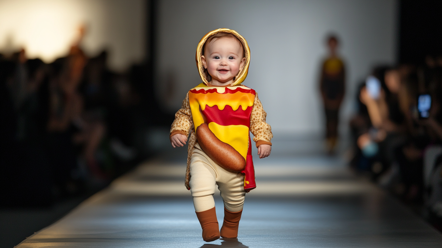 Cute Baby Walking on Hot Dog Runway 