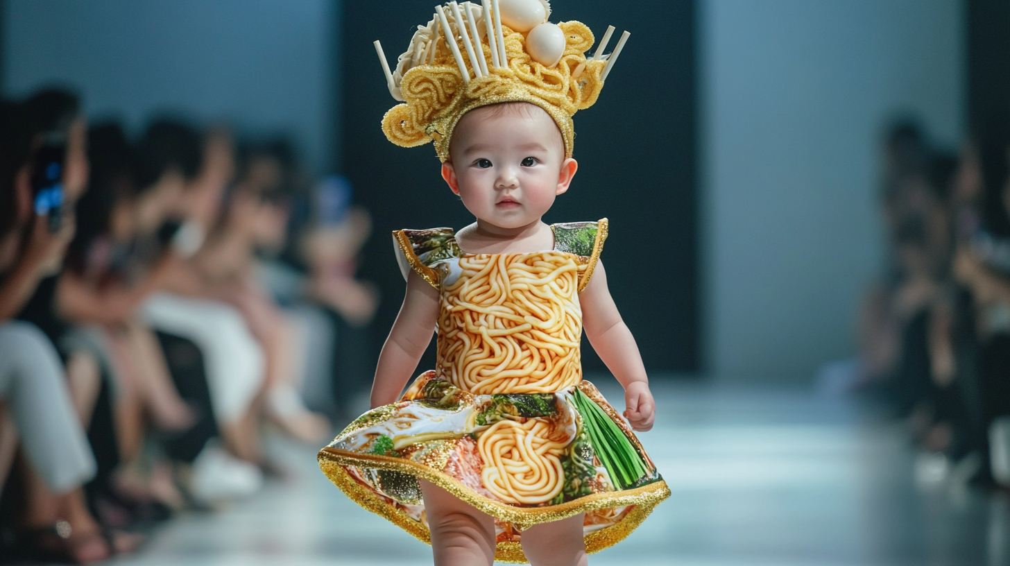 Cute Baby in Ramen-Inspired High Fashion Runway