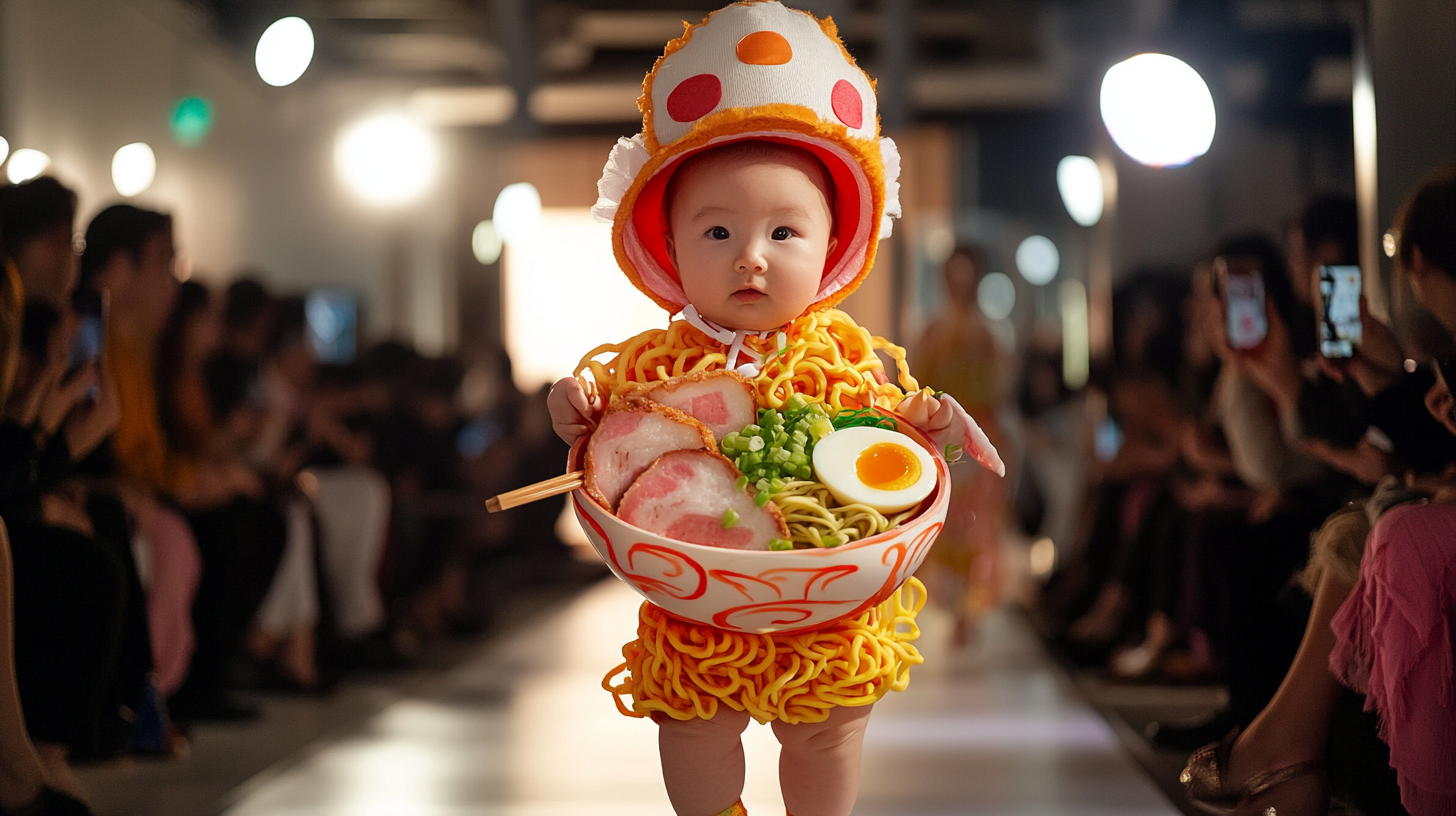 Cute Baby in Ramen-Themed Runway Outfit, TikTok Ready