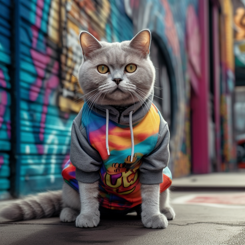 Cute British Shorthair cat in trendy outfit.