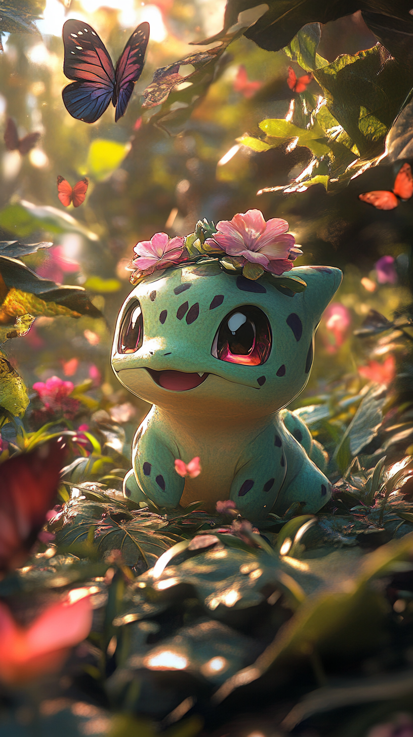 Cute Bulbasaur plays in colorful garden with butterflies.