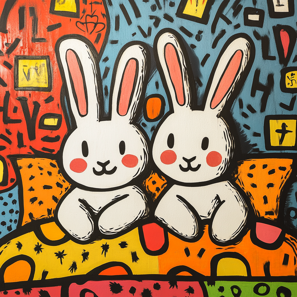 Cute Bunnies in Bed, Keith Haring Style Graffiti - s 250