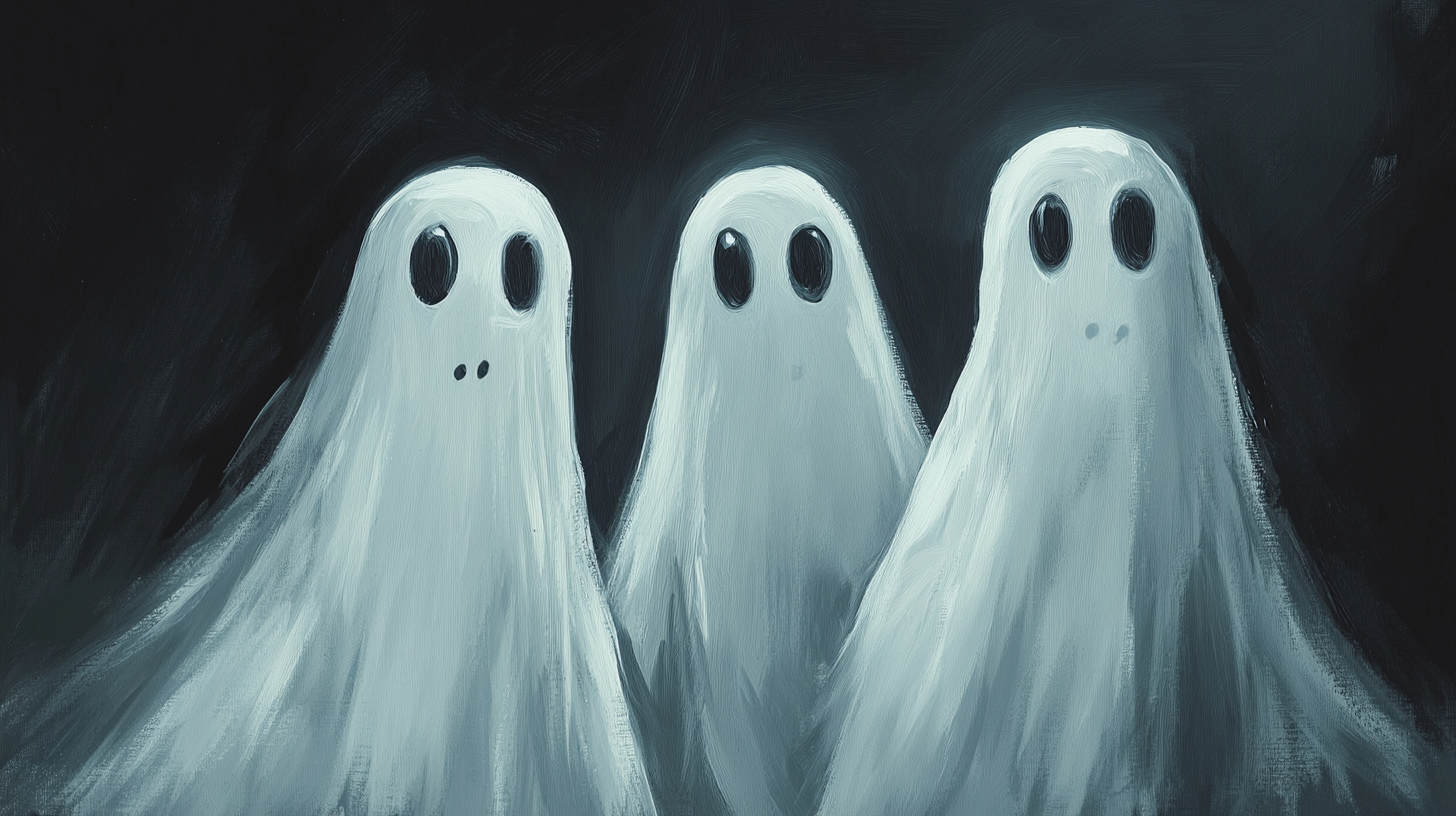 Cute Cartoon Style Ghosts Acrylic Painting on Black Backdrop