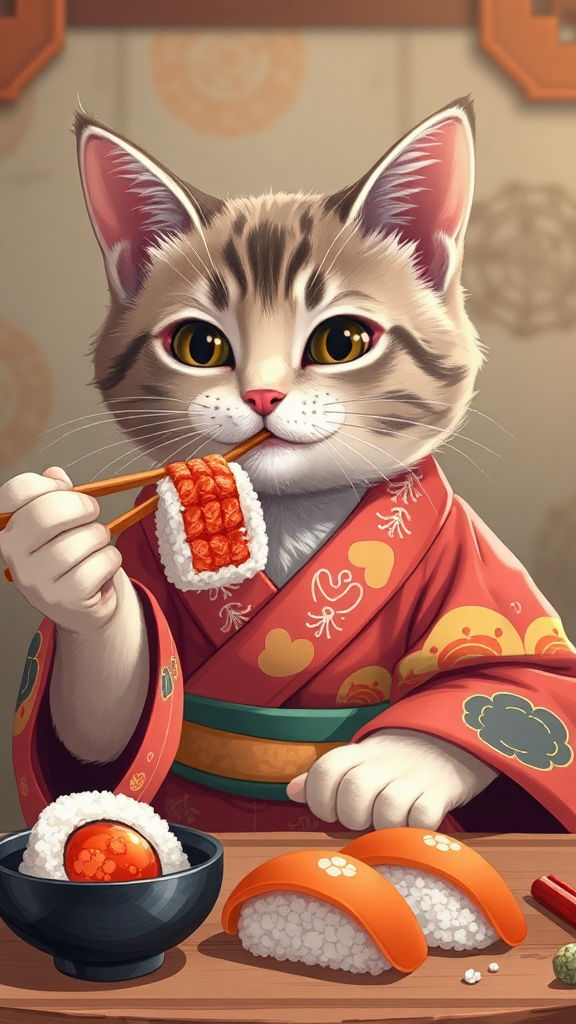 Cute Cat Eating Sushi in Colorful Kimono