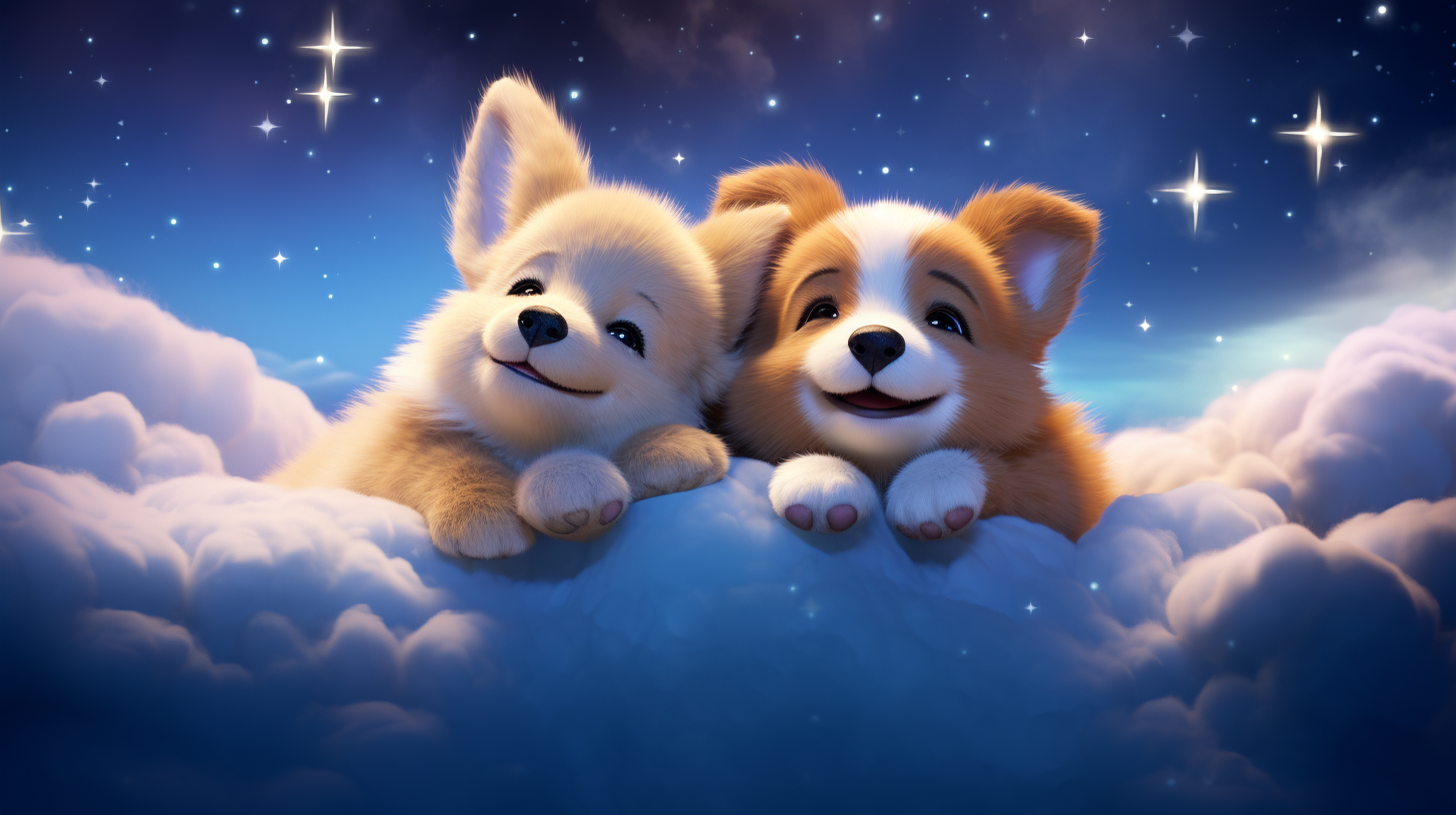 Cute Disney-Style Cartoon Corgi Puppies in Dreamy Clouds