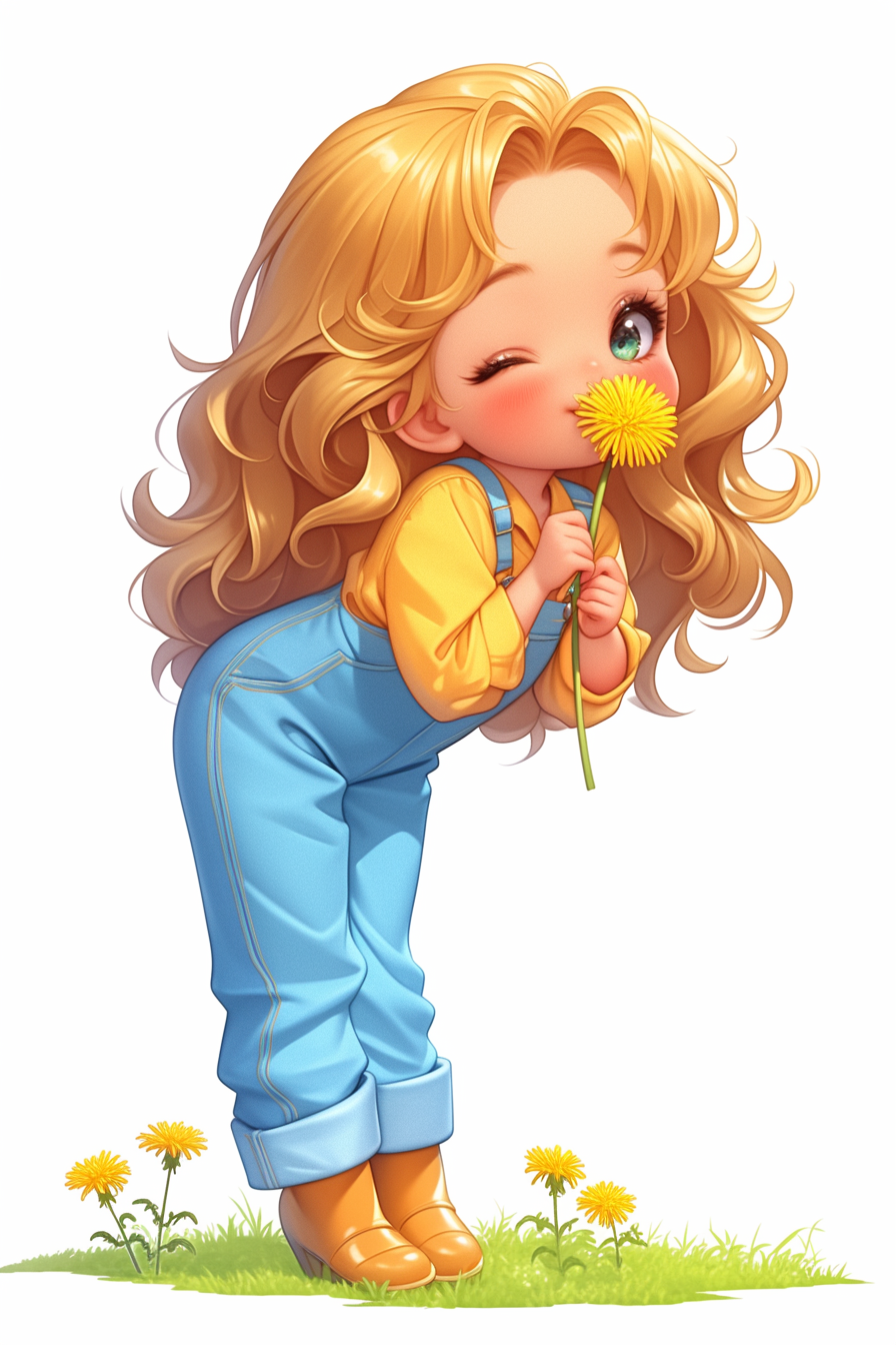 Cute Fashion Girl Blowing Dandelion in Kawaii Style