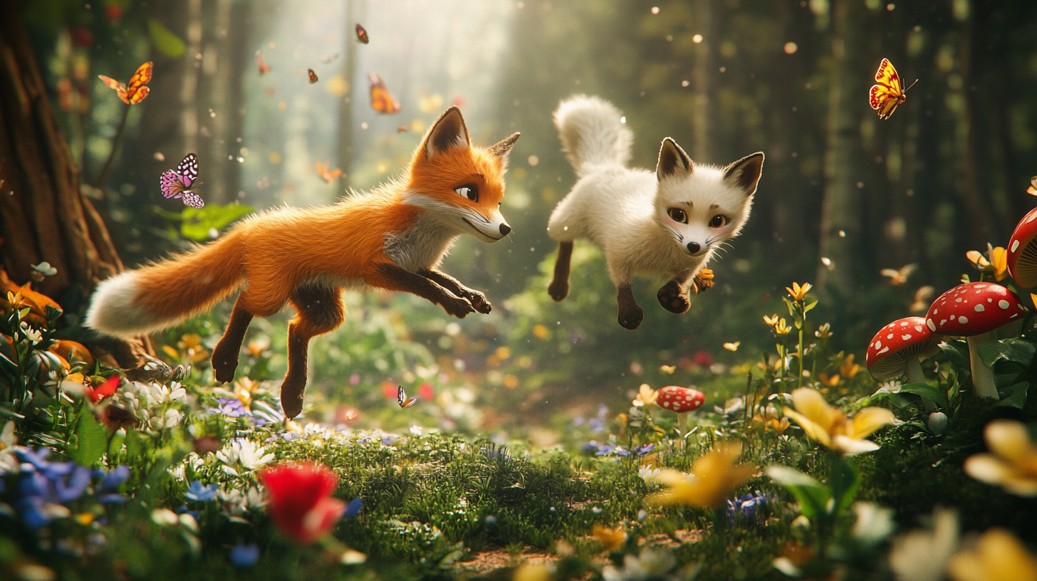 Cute Fox Friends Playing in Colorful Forest