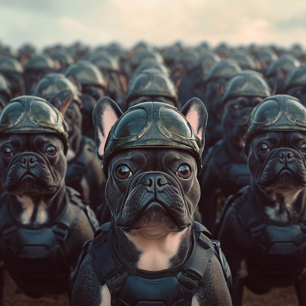 Cute French bulldogs in formation wearing helmets