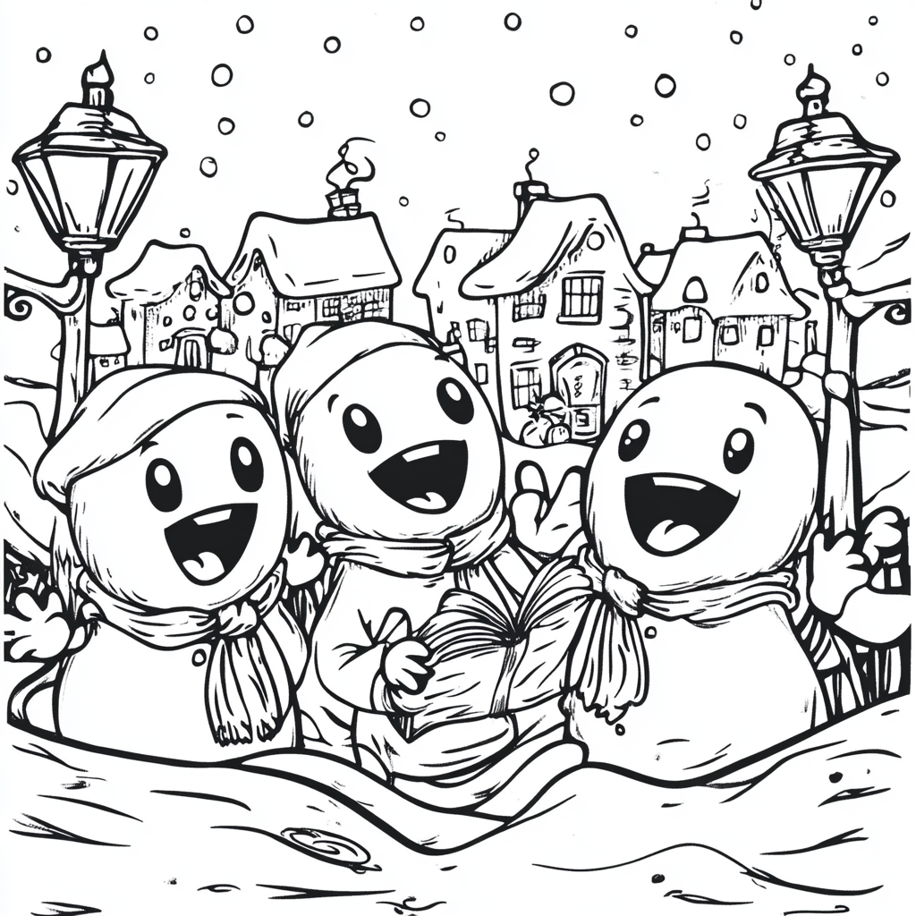 Cute Ghost Carolers in Snowy Town Scene