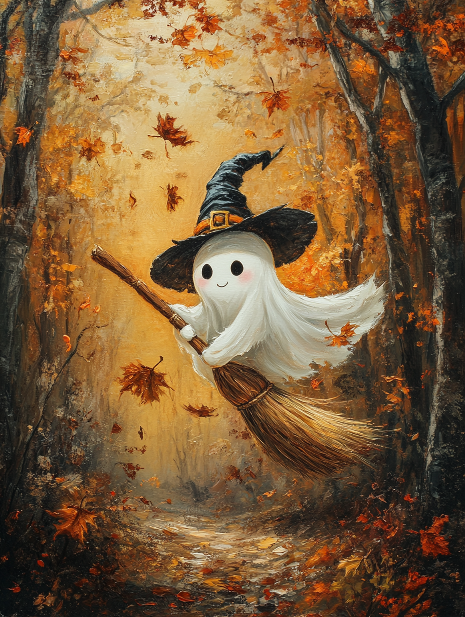 Cute Ghost on Broomstick in Autumn Forest - Oil Painting