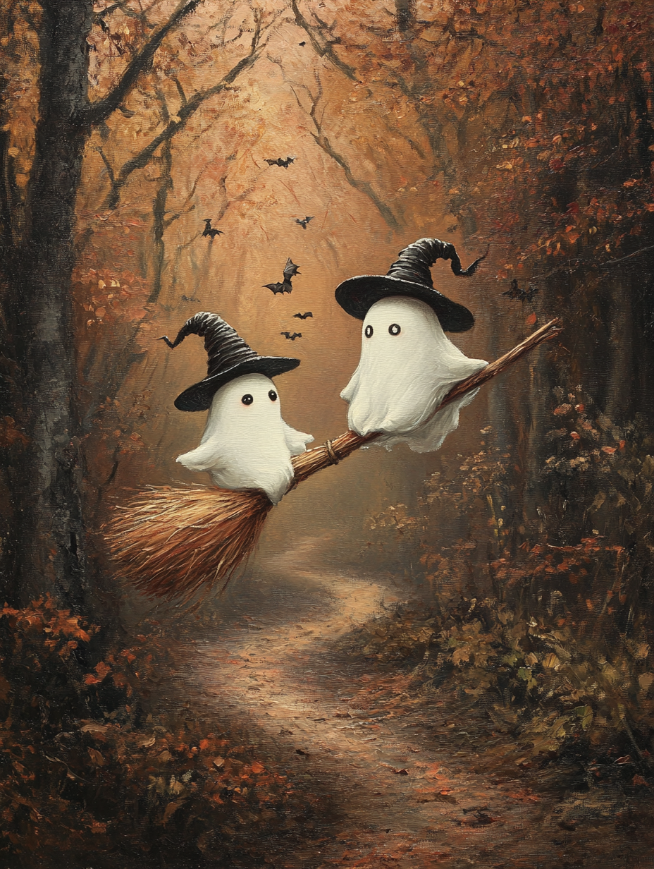 Cute Ghosts Flying on Broom in Autumn Forest Oil Painting