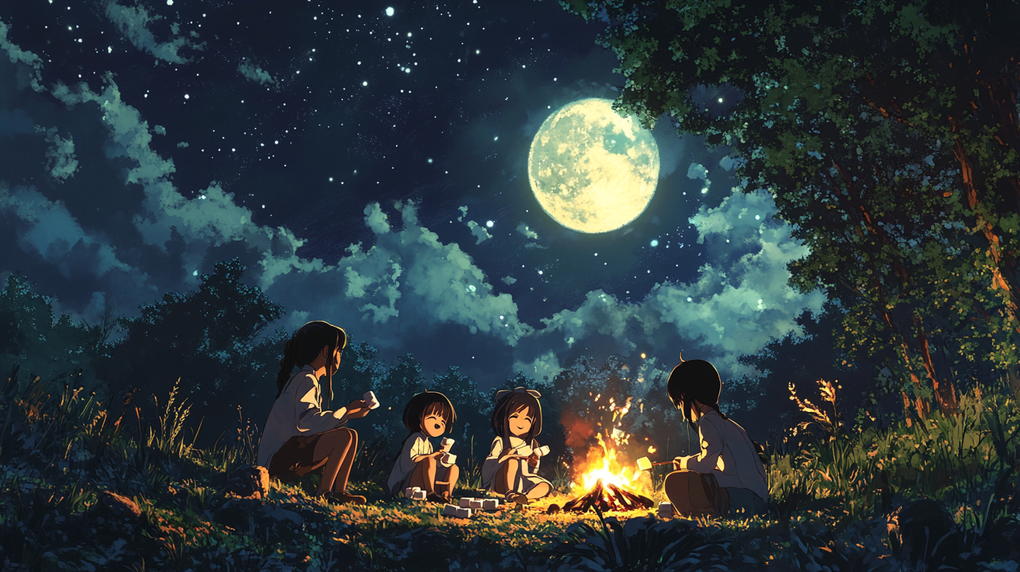 Cute Girl Roasting Marshmallows with Friends Under Moonlit Sky